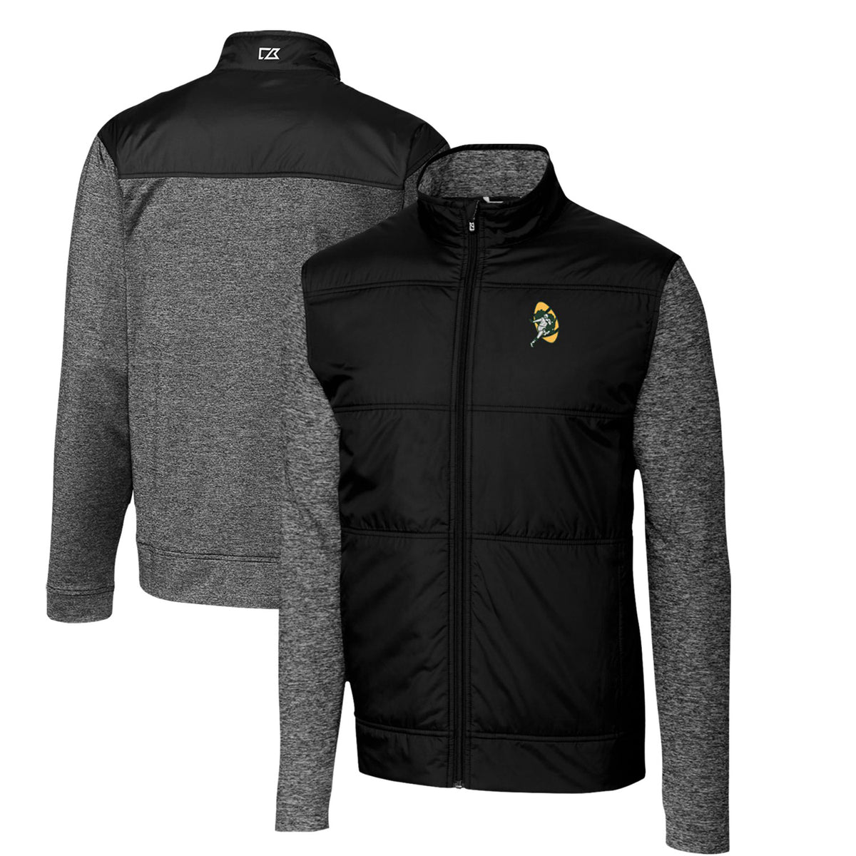 Men's Cutter & Buck Black Green Bay Packers Throwback Logo Stealth Hybrid Quilted Full-Zip Windbreaker Jacket