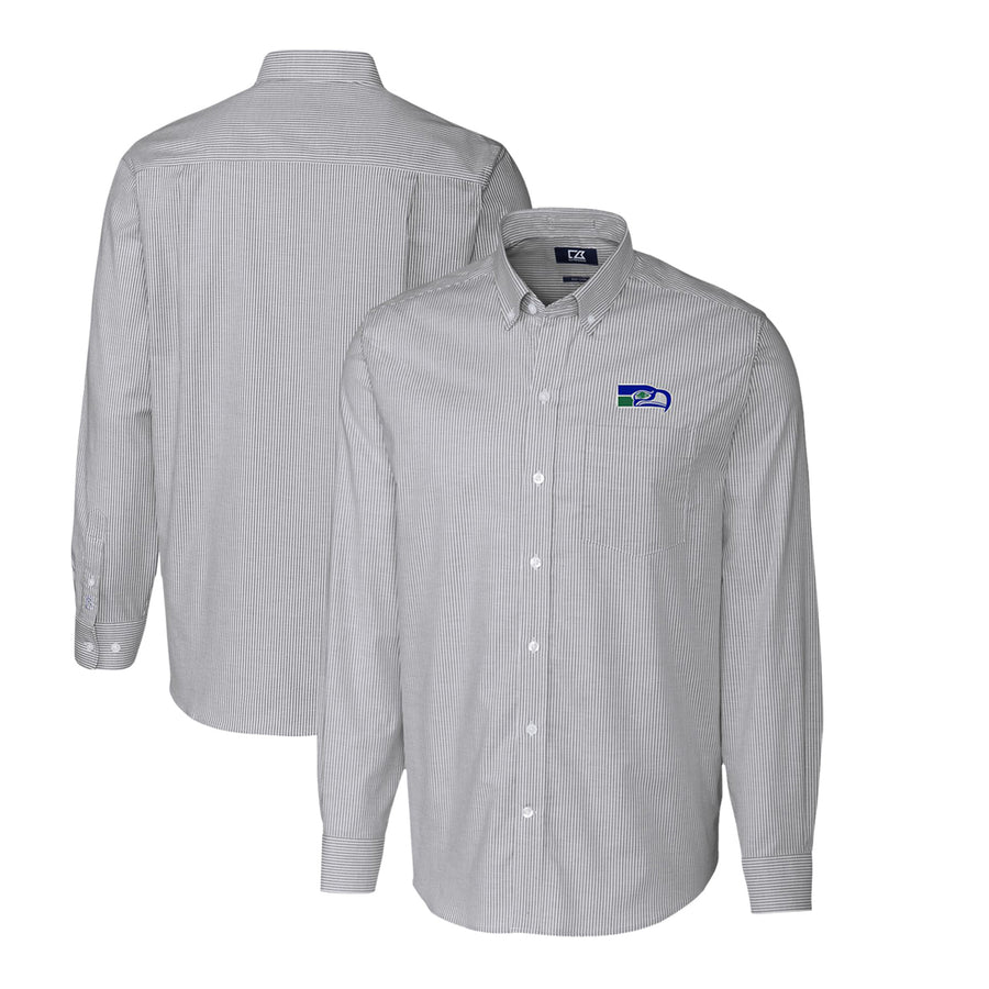 Men's Cutter & Buck Charcoal Seattle Seahawks Throwback Logo Stretch Oxford Stripe Long Sleeve Button Down Shirt