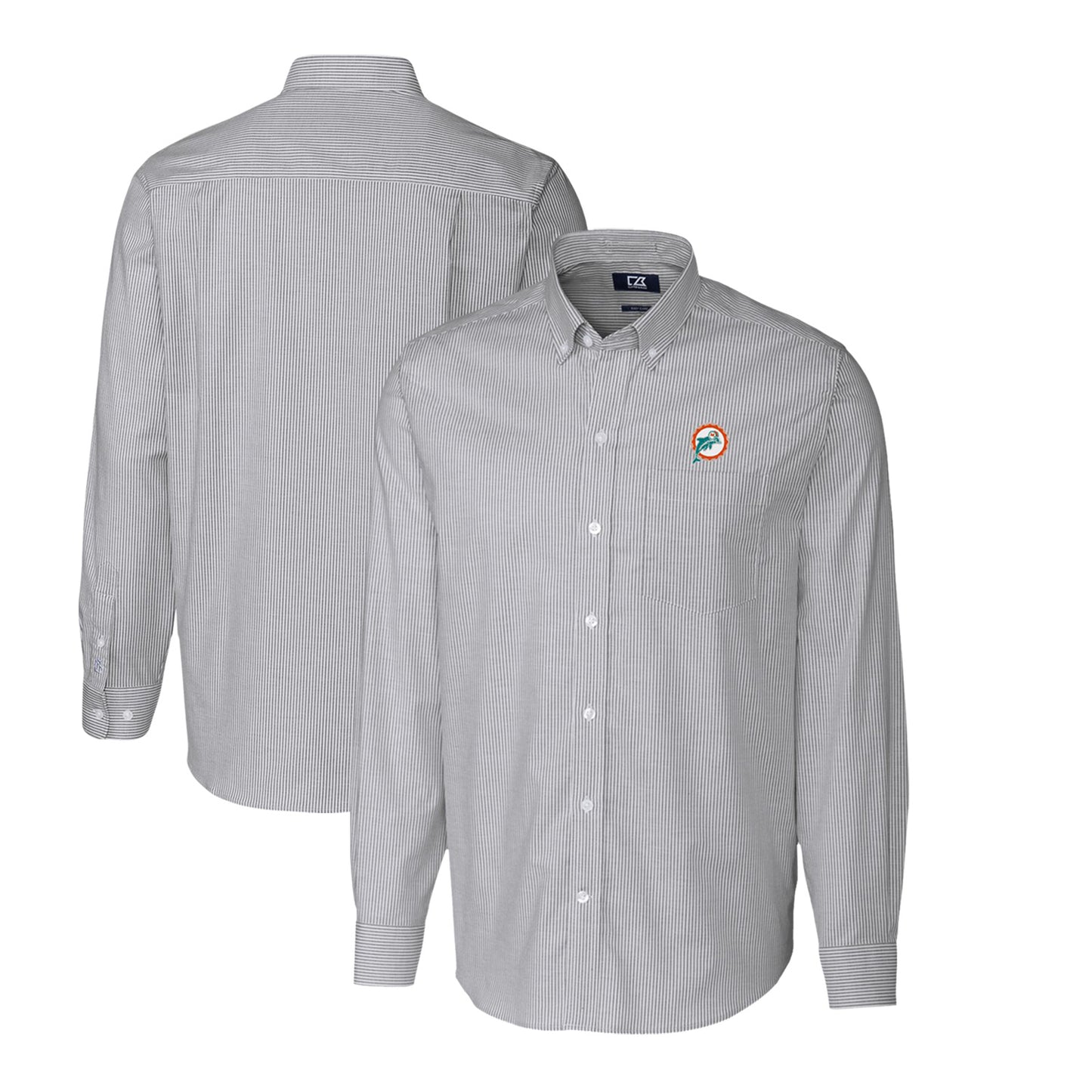 Men's Cutter & Buck Charcoal Miami Dolphins Throwback Logo Stretch Oxford Stripe Long Sleeve Button Down Shirt