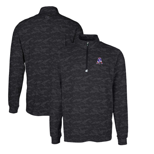 Men's Cutter & Buck Black New England Patriots Throwback Logo Traverse Camo Print Stretch Quarter-Zip Pullover Top