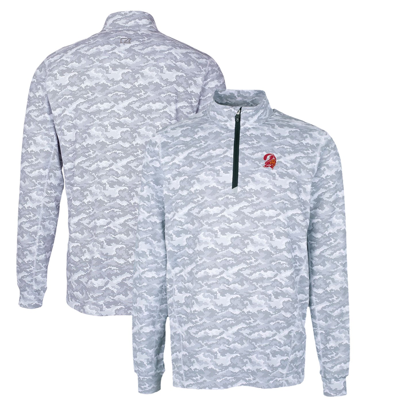 Men's Cutter & Buck Charcoal Tampa Bay Buccaneers Throwback Logo Traverse Camo Print Stretch Quarter-Zip Pullover Top