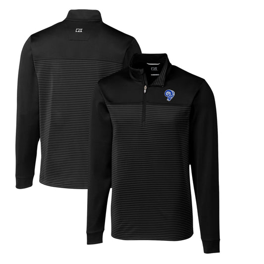 Men's Cutter & Buck Black Los Angeles Rams Throwback Logo Traverse Stripe Stretch Quarter-Zip Pullover Top