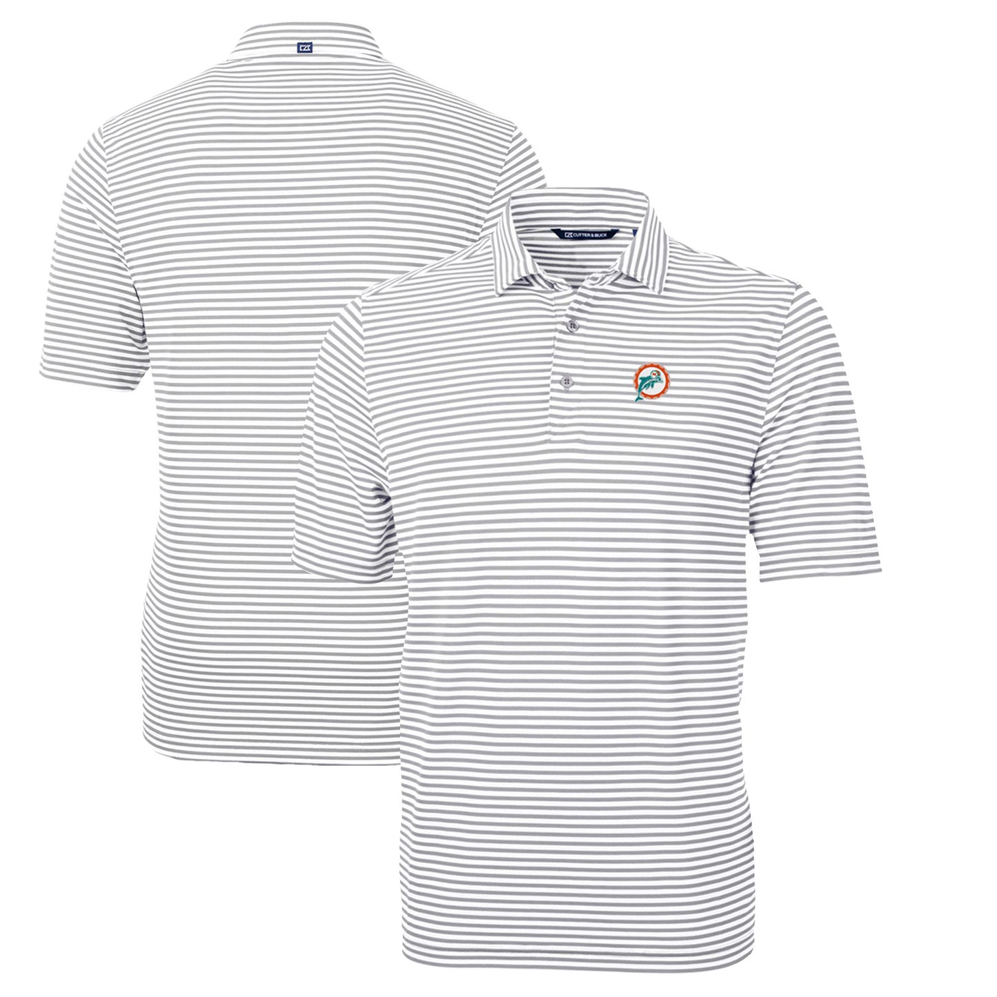 Men's Cutter & Buck Gray Miami Dolphins Throwback Logo Virtue Eco Pique Stripe Recycled Polo