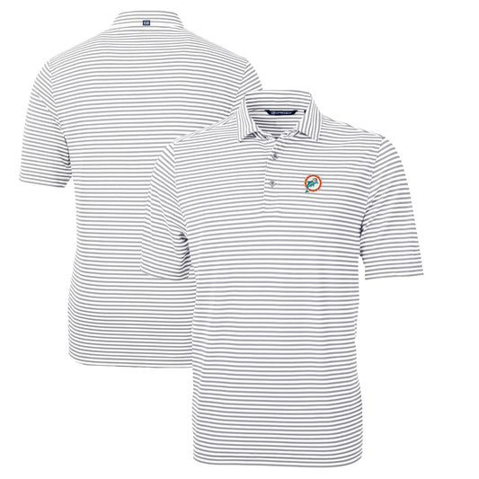 Men's Cutter & Buck Gray Miami Dolphins Throwback Logo Virtue Eco Pique Stripe Recycled Polo