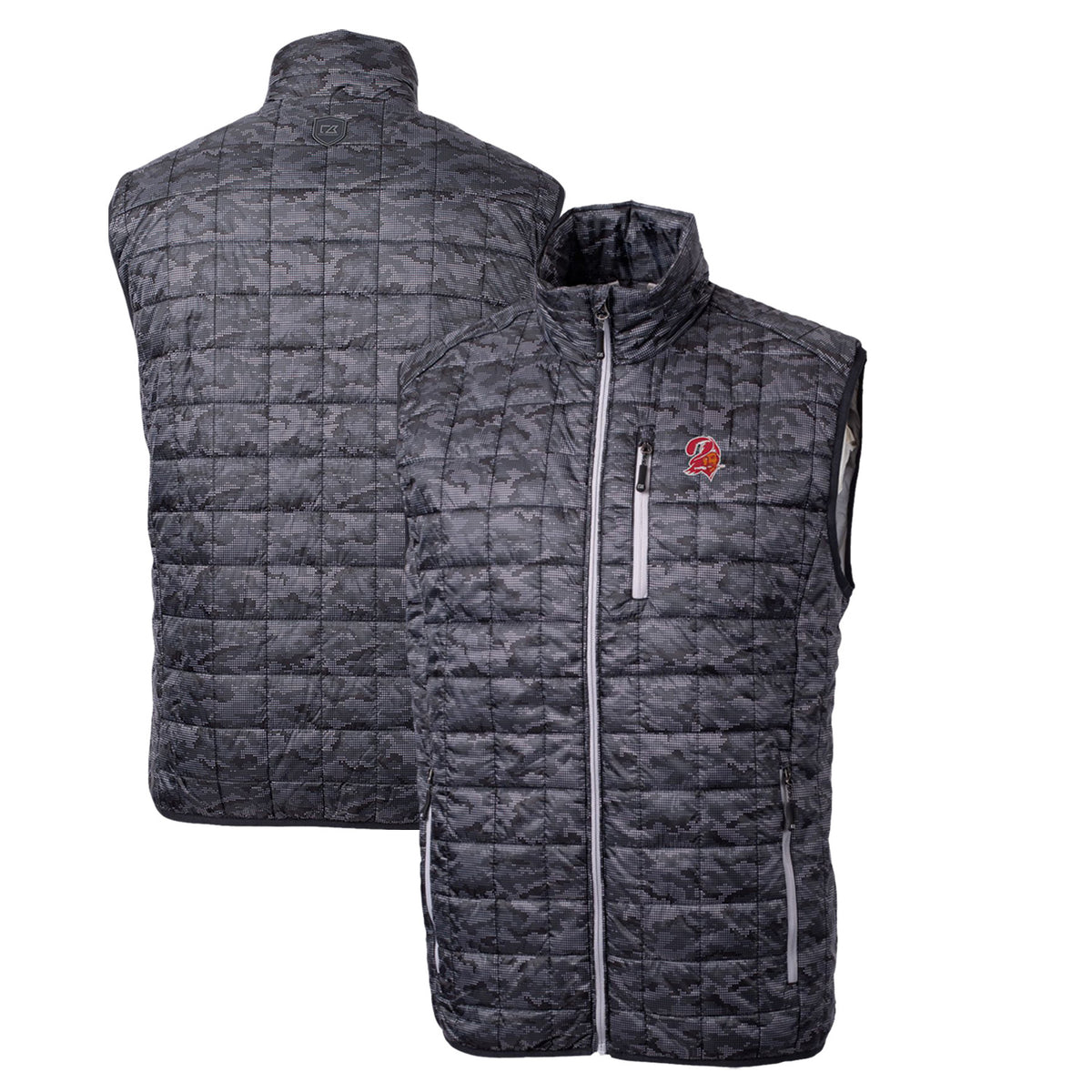 Men's Cutter & Buck Black Tampa Bay Buccaneers Throwback Logo Rainier Eco Insulated Printed Full-Zip Puffer Vest