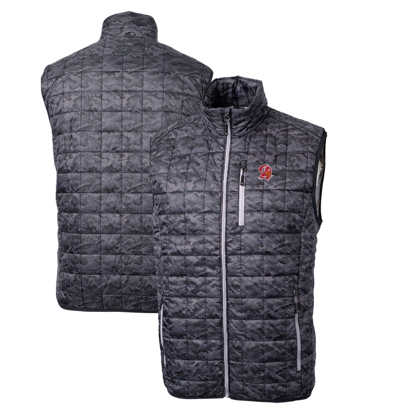 Men's Cutter & Buck Black Tampa Bay Buccaneers Throwback Logo Rainier Eco Insulated Printed Full-Zip Puffer Vest