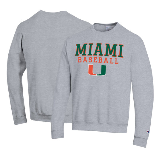 Men's Champion Gray Miami Hurricanes Primary Team Logo Stack Logo Baseball Powerblend Pullover Sweatshirt