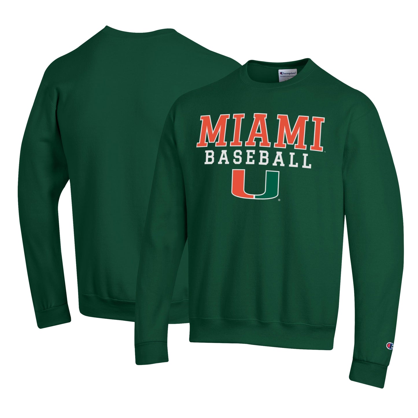 Men's Champion Green Miami Hurricanes Primary Team Logo Stack Logo Baseball Powerblend Pullover Sweatshirt