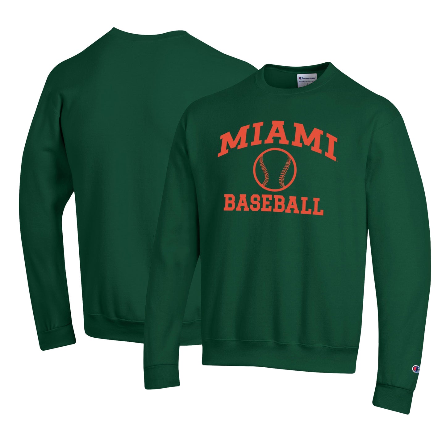 Men's Champion Green Miami Hurricanes Primary Team Logo Icon Baseball Powerblend Pullover Sweatshirt