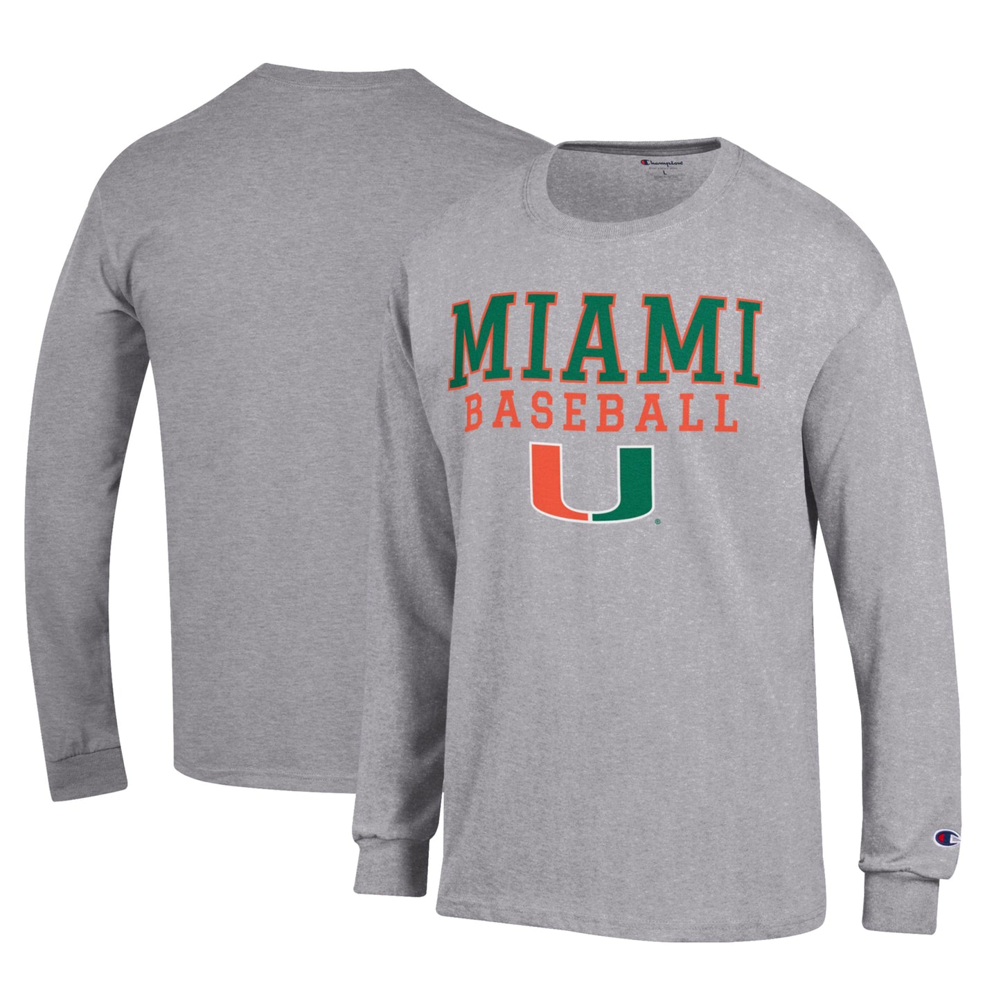 Men's Champion Gray Miami Hurricanes Primary Team Logo Stack Logo Baseball Powerblend Long Sleeve T-Shirt