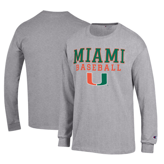 Men's Champion Gray Miami Hurricanes Primary Team Logo Stack Logo Baseball Powerblend Long Sleeve T-Shirt