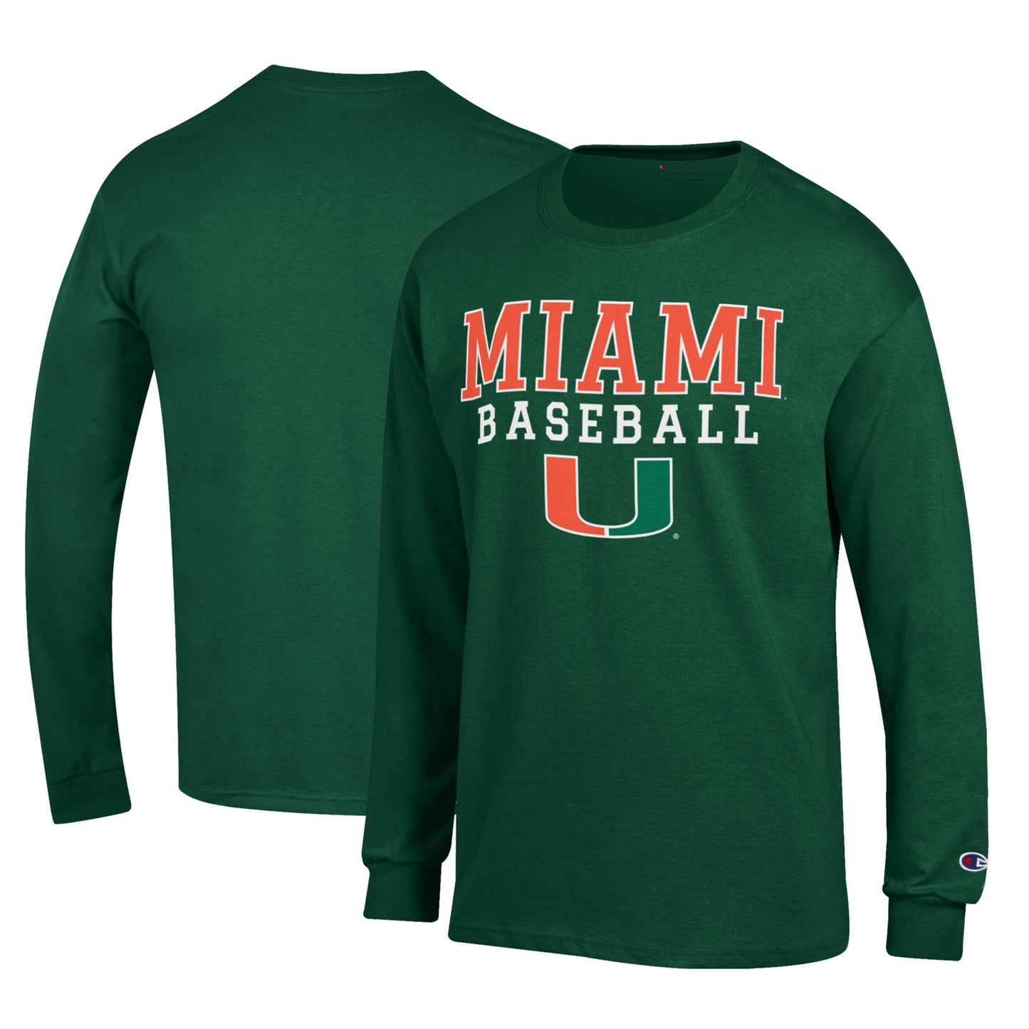 Men's Champion Green Miami Hurricanes Primary Team Logo Stack Logo Baseball Powerblend Long Sleeve T-Shirt