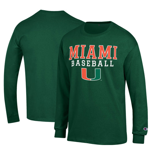 Men's Champion Green Miami Hurricanes Primary Team Logo Stack Logo Baseball Powerblend Long Sleeve T-Shirt