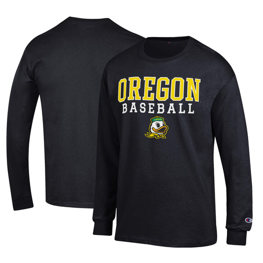 Men's Champion Black Oregon Ducks Primary Team Logo Stack Logo Baseball Powerblend Long Sleeve T-Shirt