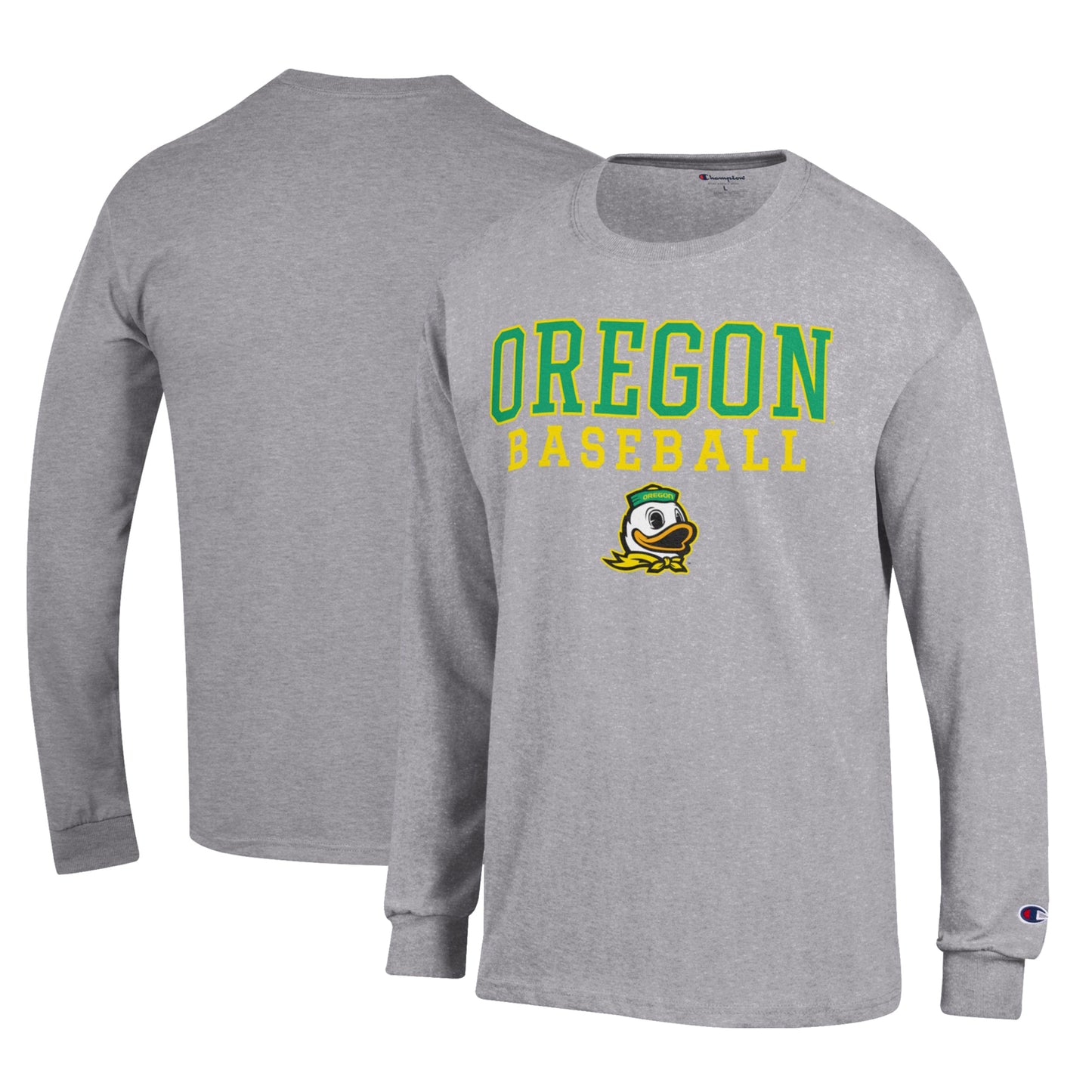 Men's Champion Gray Oregon Ducks Primary Team Logo Stack Logo Baseball Powerblend Long Sleeve T-Shirt