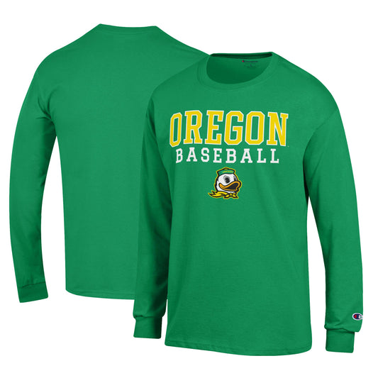 Men's Champion Green Oregon Ducks Primary Team Logo Stack Logo Baseball Powerblend Long Sleeve T-Shirt