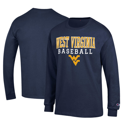 Men's Champion Blue West Virginia Mountaineers Primary Team Logo Stack Logo Baseball Powerblend Long Sleeve T-Shirt