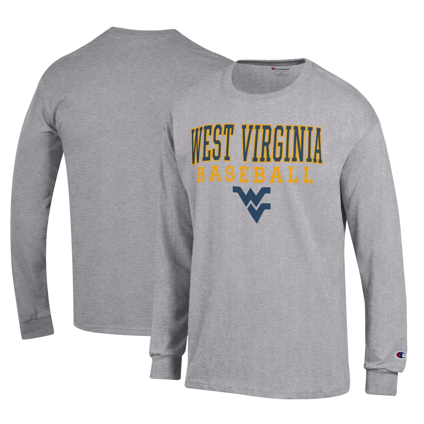 Men's Champion Gray West Virginia Mountaineers Primary Team Logo Stack Logo Baseball Powerblend Long Sleeve T-Shirt