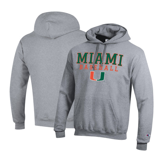 Men's Champion Gray Miami Hurricanes Primary Team Logo Stack Logo Baseball Powerblend Pullover Hoodie