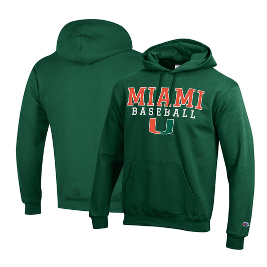 Men's Champion Green Miami Hurricanes Primary Team Logo Stack Logo Baseball Powerblend Pullover Hoodie