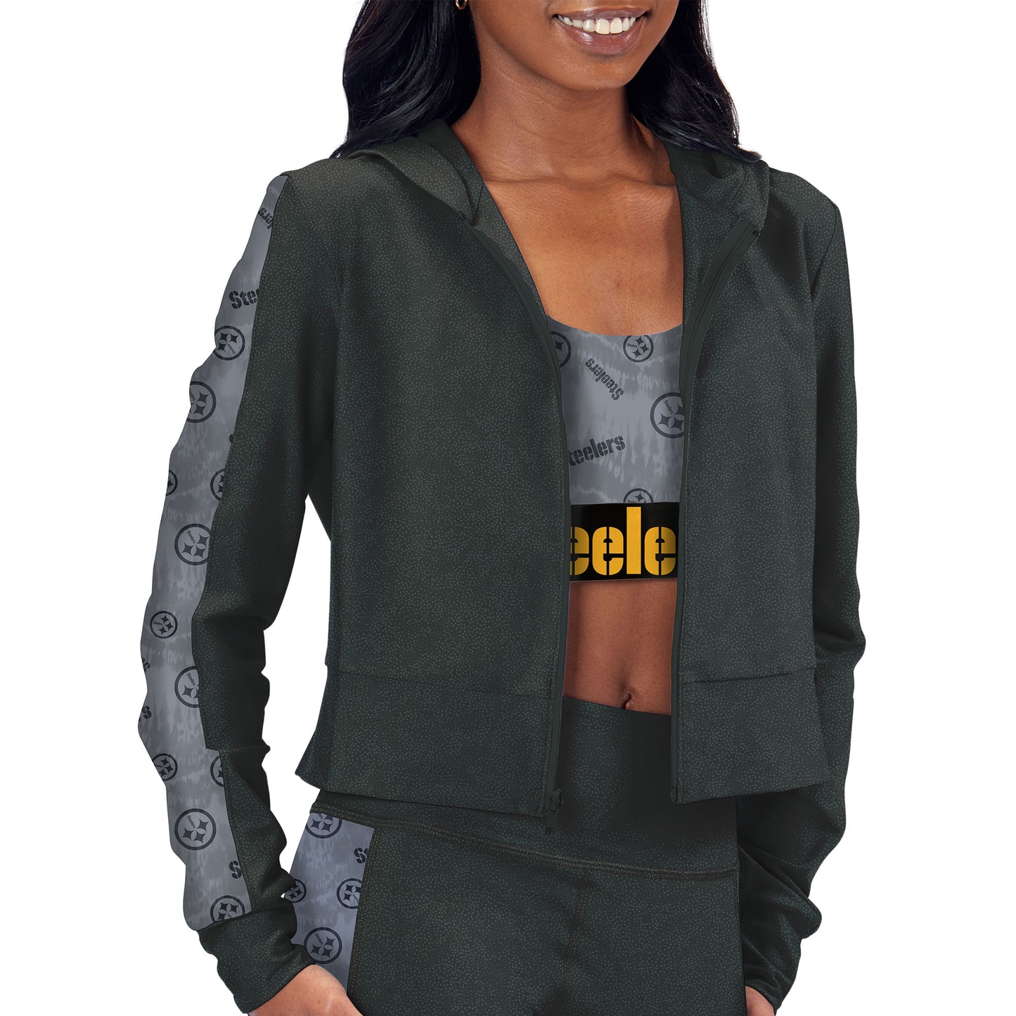 Women's Certo Charcoal Pittsburgh Steelers Cropped Full-Zip Hoodie