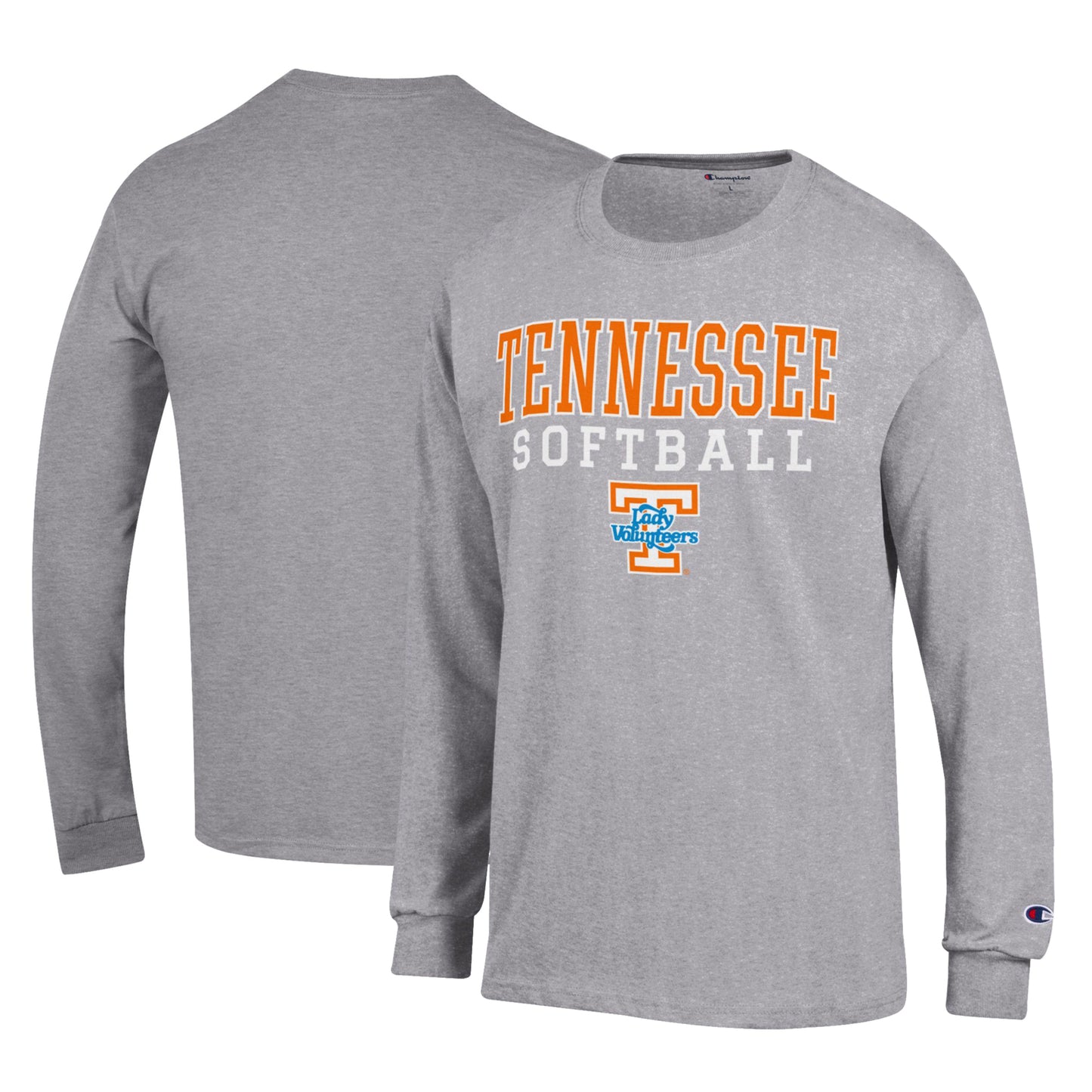 Men's Champion Gray Tennessee Lady Vols Primary Team Logo Stack Logo Softball Powerblend Long Sleeve T-Shirt