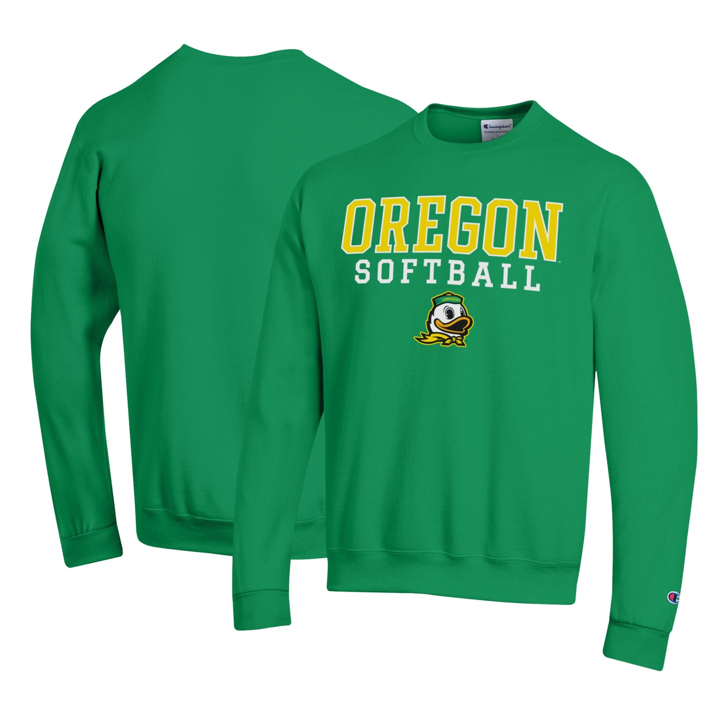 Men's Champion Green Oregon Ducks Primary Team Logo Stack Logo Softball Powerblend Pullover Sweatshirt