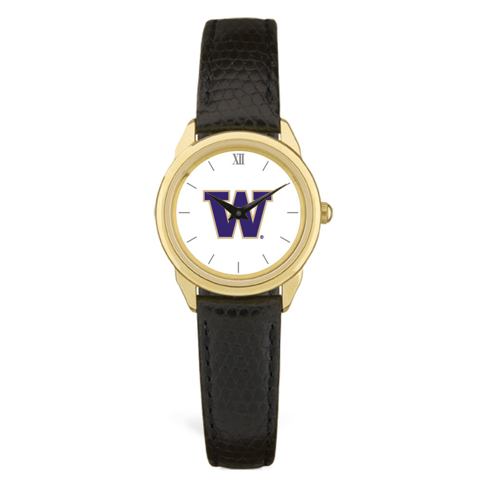 Women's Gold/Black Washington Huskies Medallion Leather Watch