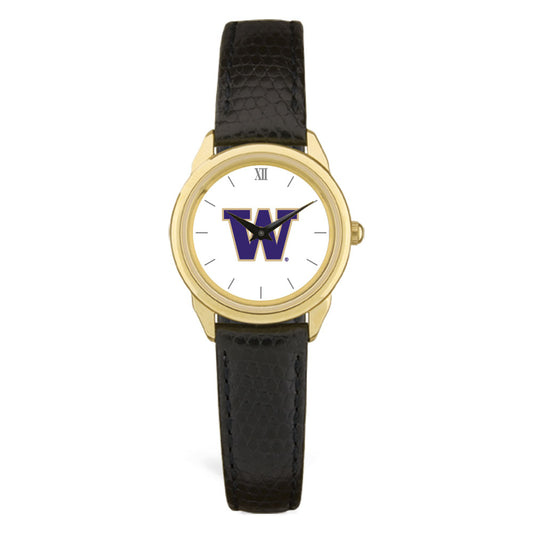 Women's Gold/Black Washington Huskies Medallion Leather Watch