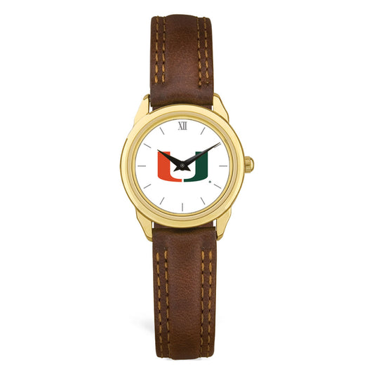 Women's Gold/Brown Miami Hurricanes Medallion Leather Watch