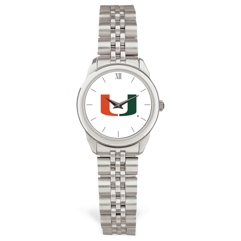 Women's Silver Miami Hurricanes Logo Medallion Rolled Link Bracelet Wristwatch