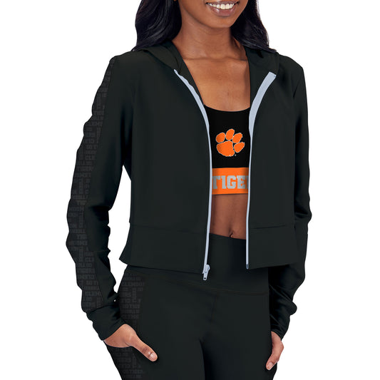 Women's Black Clemson Tigers Cropped Full-Zip Hoodie