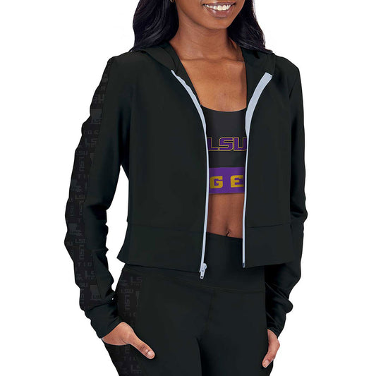 Women's Black LSU Tigers Cropped Full-Zip Hoodie