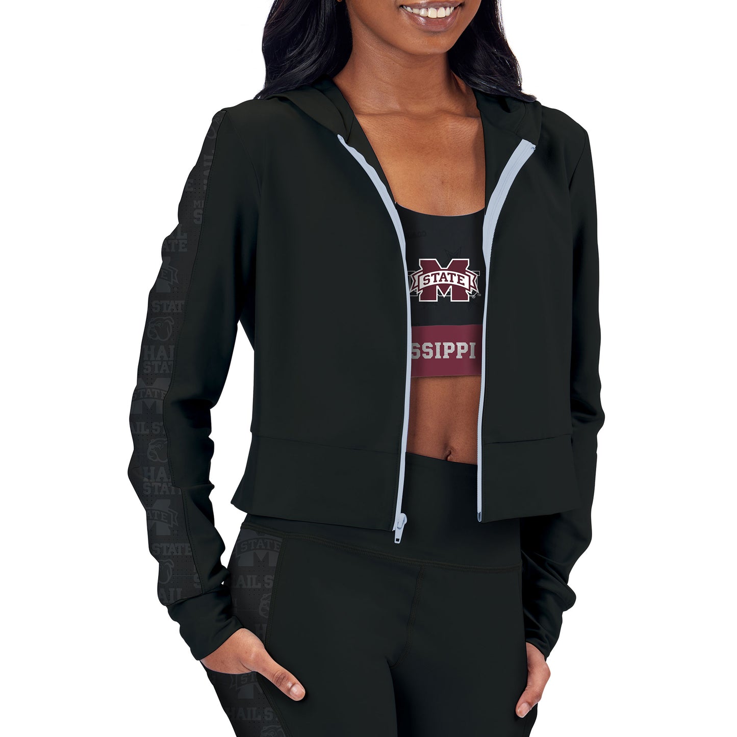 Women's Black Mississippi State Bulldogs Cropped Full-Zip Hoodie