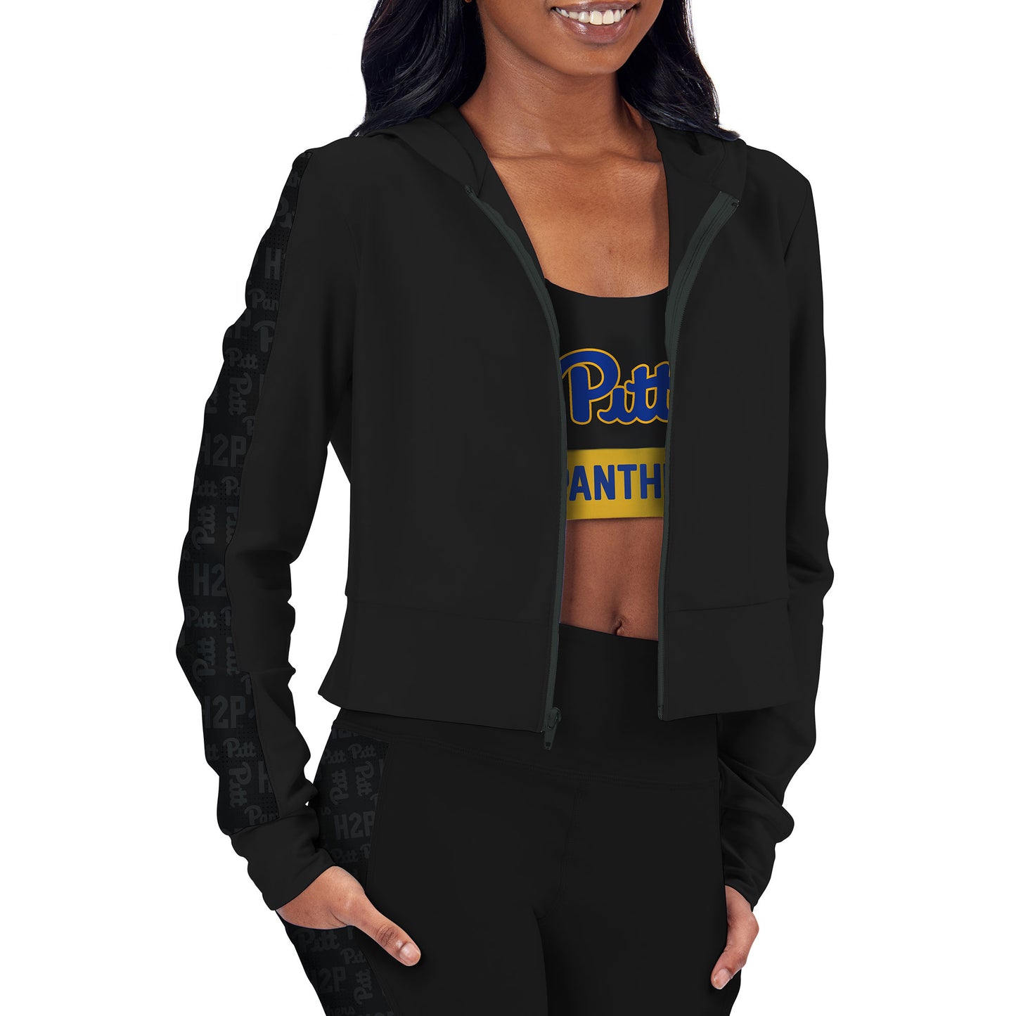 Women's Black Pitt Panthers Cropped Full-Zip Hoodie