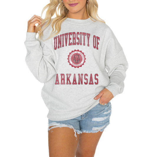 Women's Gameday Couture Steel Arkansas Razorbacks Good Vibes Premium Fleece Drop Shoulder Pullover Sweatshirt