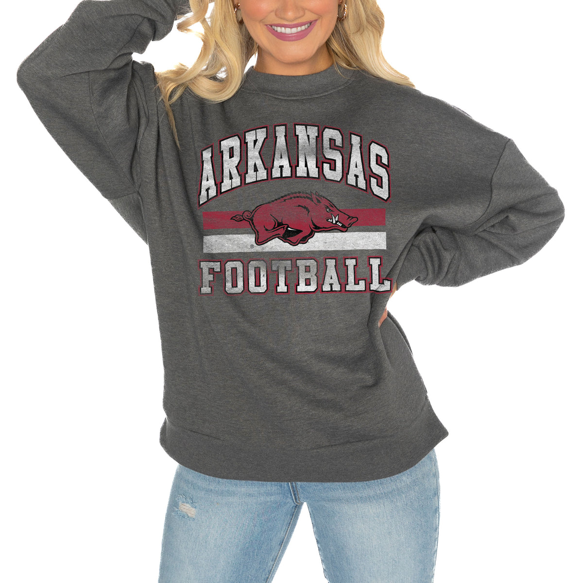 Women's Gameday Couture Charcoal Arkansas Razorbacks Good Vibes Premium Fleece Drop Shoulder Pullover Sweatshirt