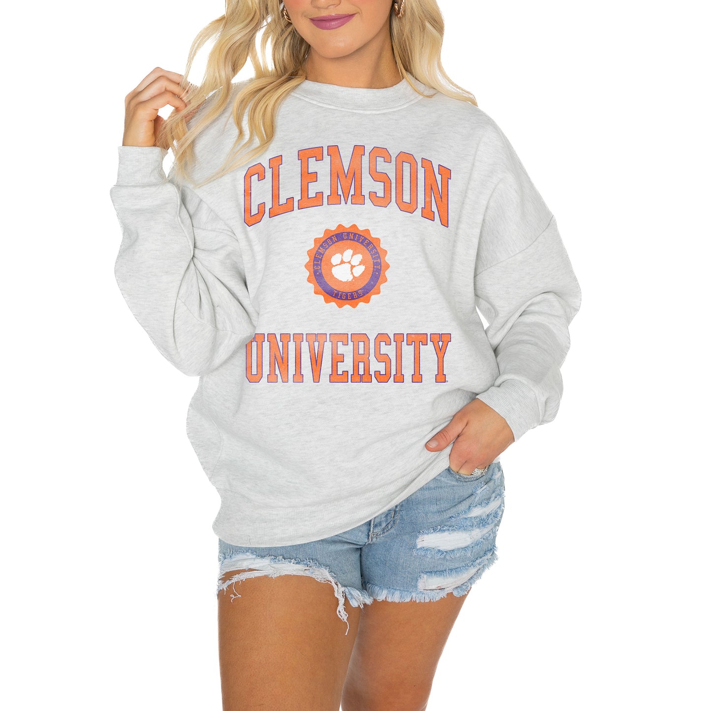 Women's Gameday Couture Steel Clemson Tigers Good Vibes Premium Fleece Drop Shoulder Pullover Sweatshirt