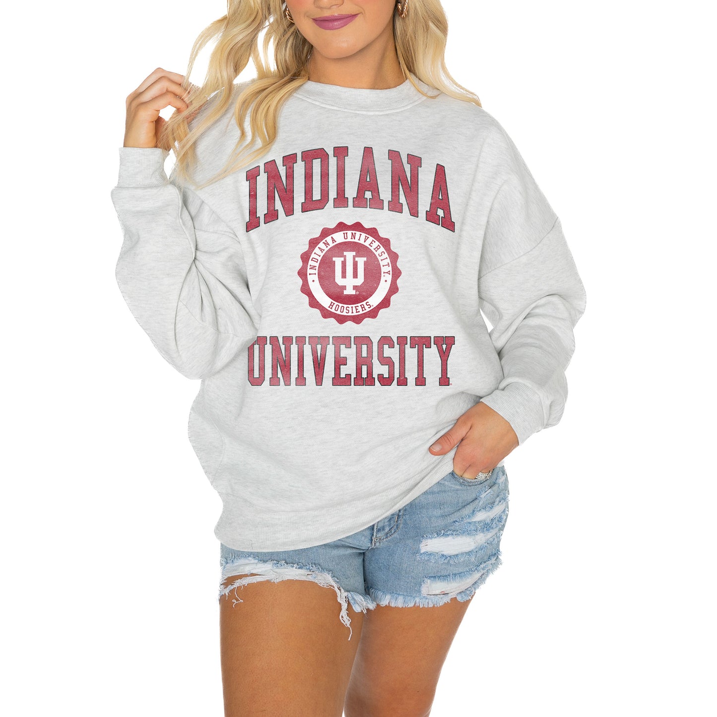 Women's Gameday Couture Steel Indiana Hoosiers Good Vibes Premium Fleece Drop Shoulder Pullover Sweatshirt