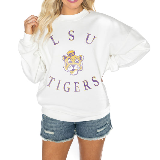 Women's Gameday Couture White LSU Tigers Good Vibes Premium Fleece Drop Shoulder Pullover Sweatshirt