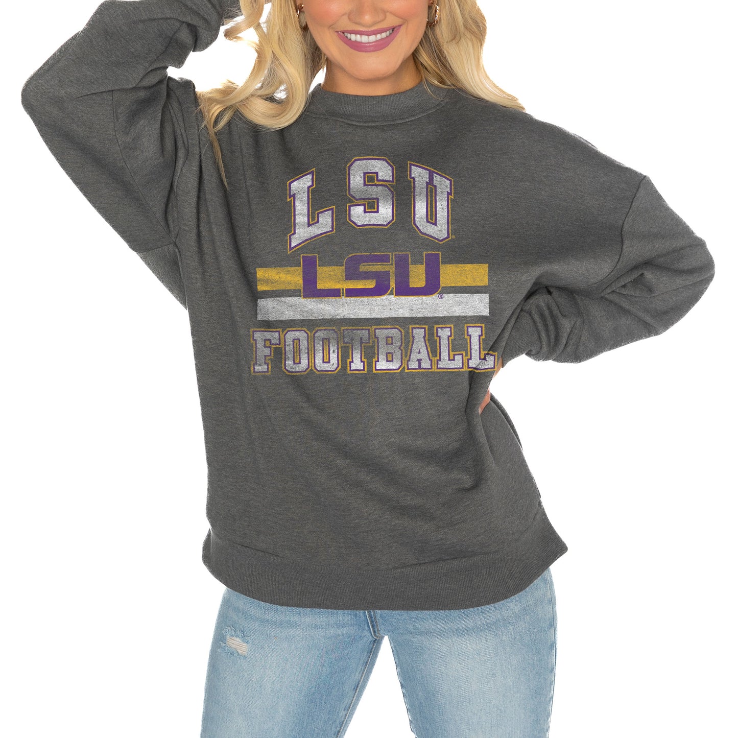 Women's Gameday Couture Charcoal LSU Tigers Good Vibes Premium Fleece Drop Shoulder Pullover Sweatshirt