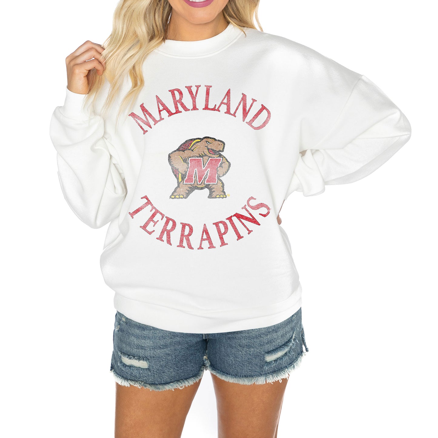 Women's Gameday Couture White Maryland Terrapins Good Vibes Premium Fleece Drop Shoulder Pullover Sweatshirt