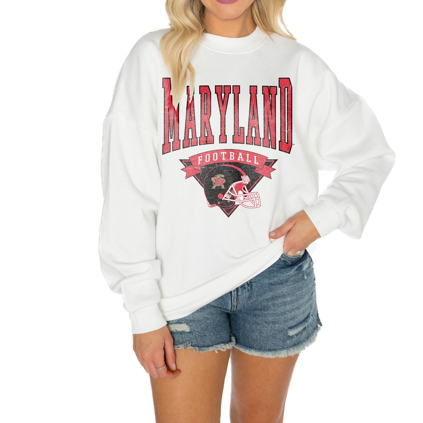 Women's Gameday Couture White Maryland Terrapins Good Vibes Premium Fleece Drop Shoulder Pullover Sweatshirt