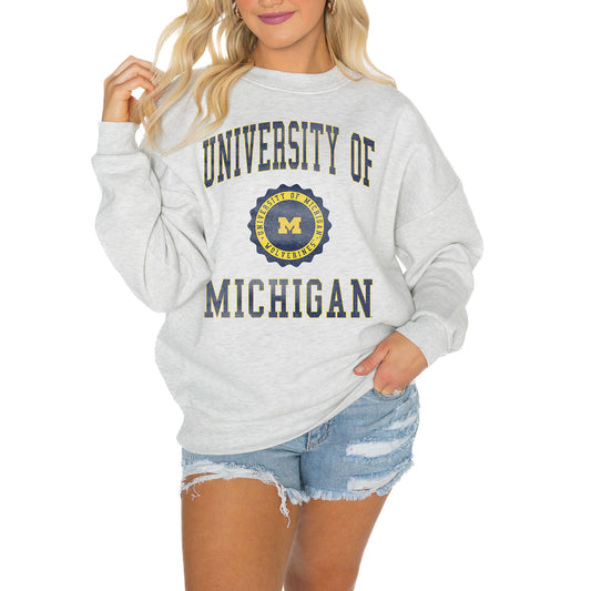 Women's Gameday Couture Steel Michigan Wolverines Good Vibes Premium Fleece Drop Shoulder Pullover Sweatshirt