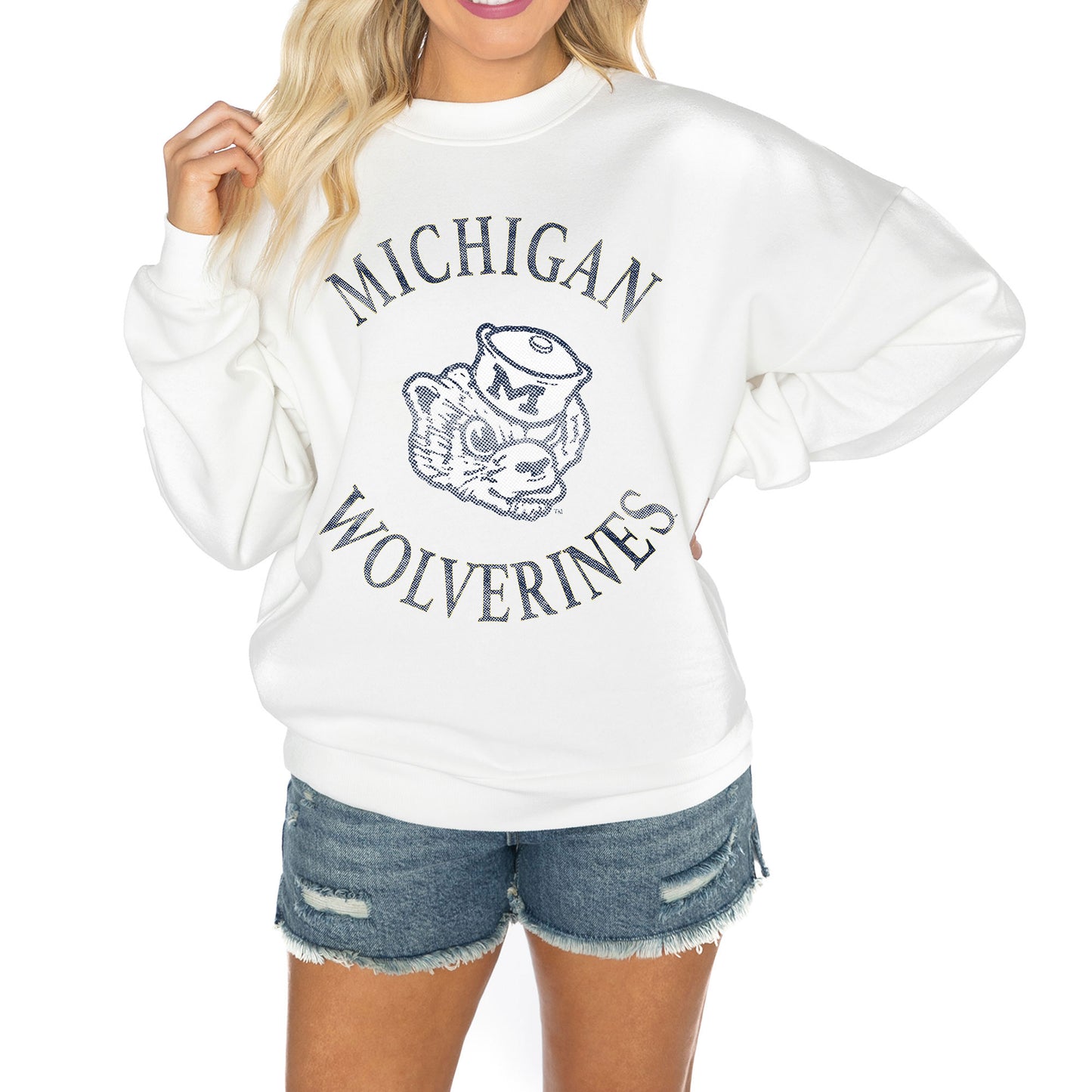 Women's Gameday Couture White Michigan Wolverines Good Vibes Premium Fleece Drop Shoulder Pullover Sweatshirt