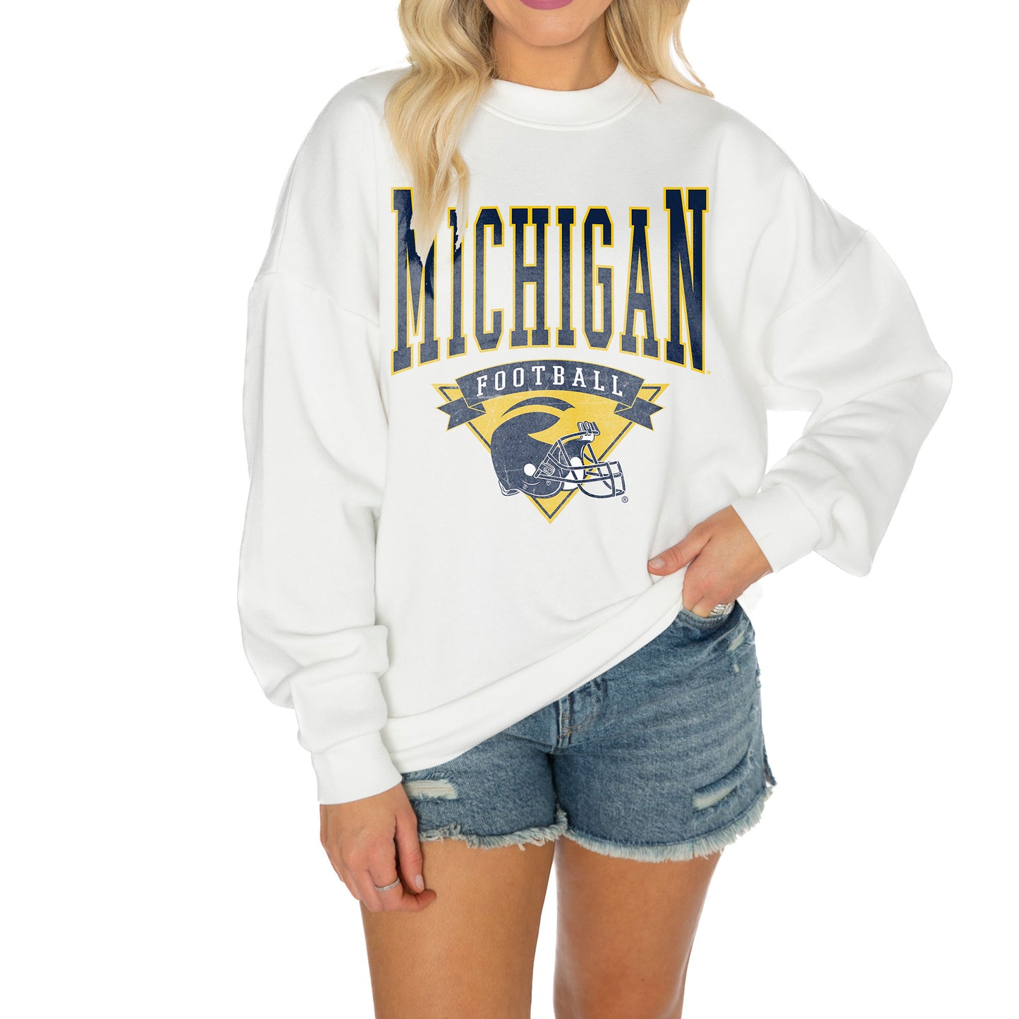 Women's Gameday Couture White Michigan Wolverines Good Vibes Premium Fleece Drop Shoulder Pullover Sweatshirt