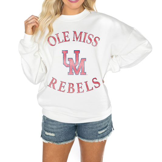 Women's Gameday Couture White Ole Miss Rebels Good Vibes Premium Fleece Drop Shoulder Pullover Sweatshirt