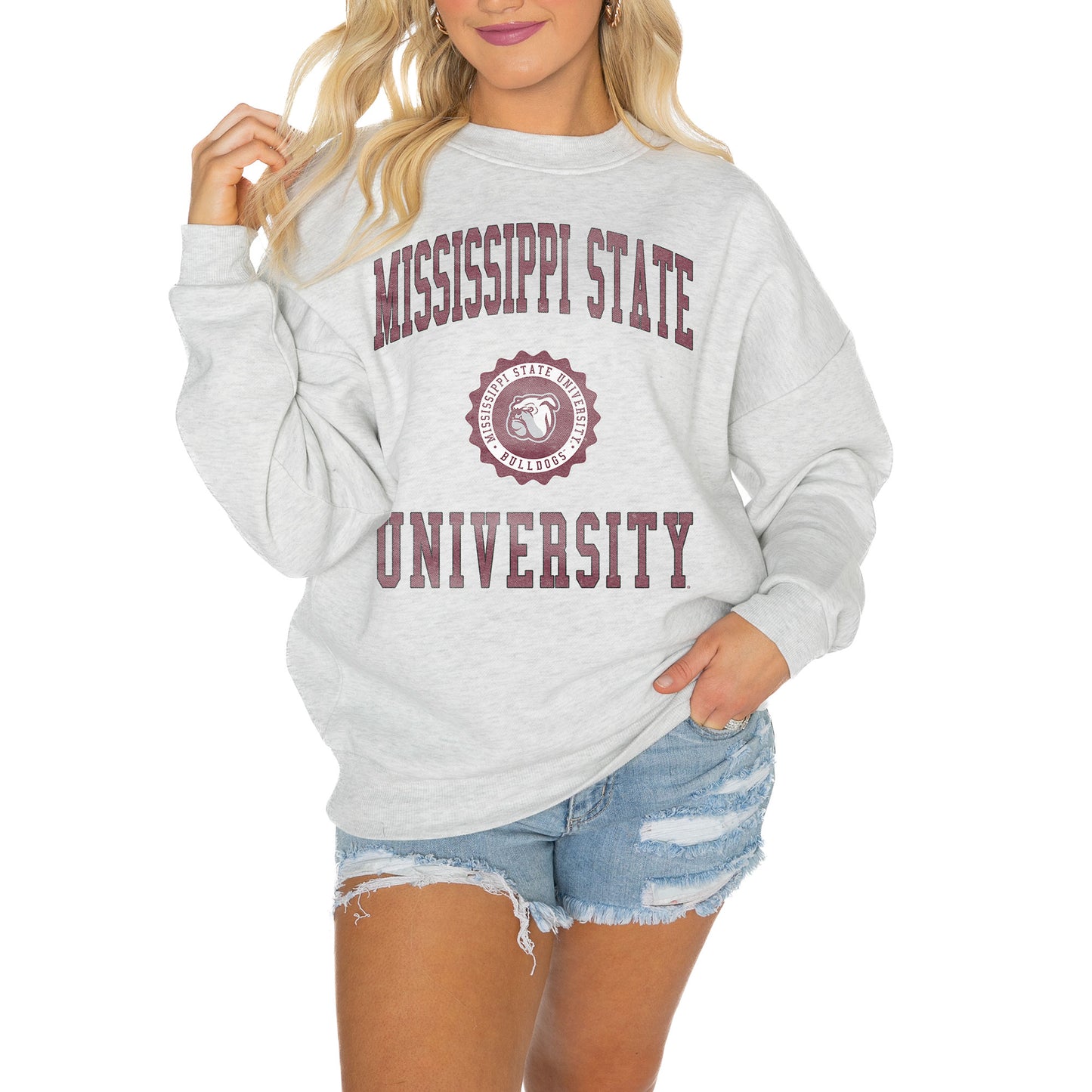 Women's Gameday Couture Steel Mississippi State Bulldogs Good Vibes Premium Fleece Drop Shoulder Pullover Sweatshirt