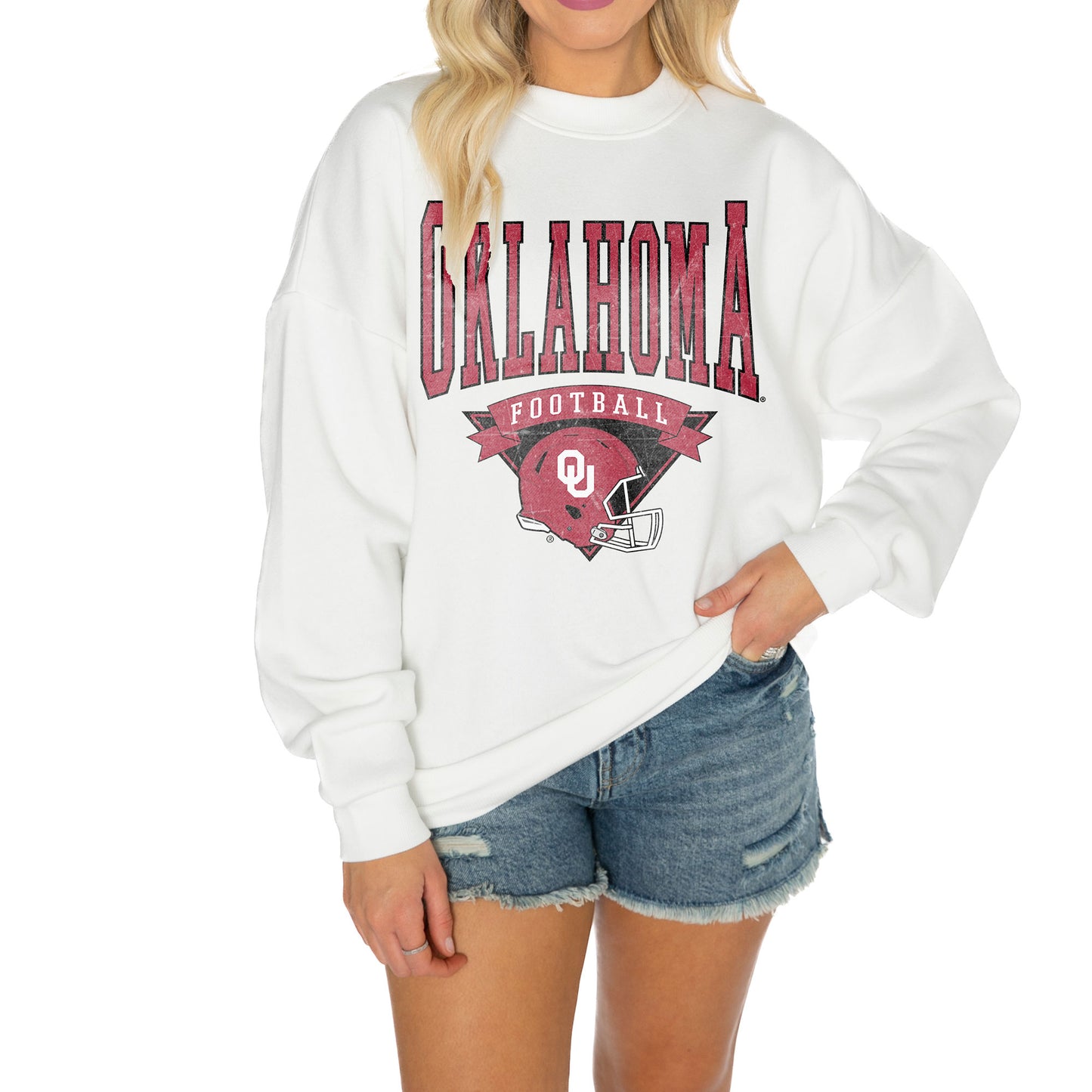 Women's Gameday Couture White Oklahoma Sooners Good Vibes Premium Fleece Drop Shoulder Pullover Sweatshirt