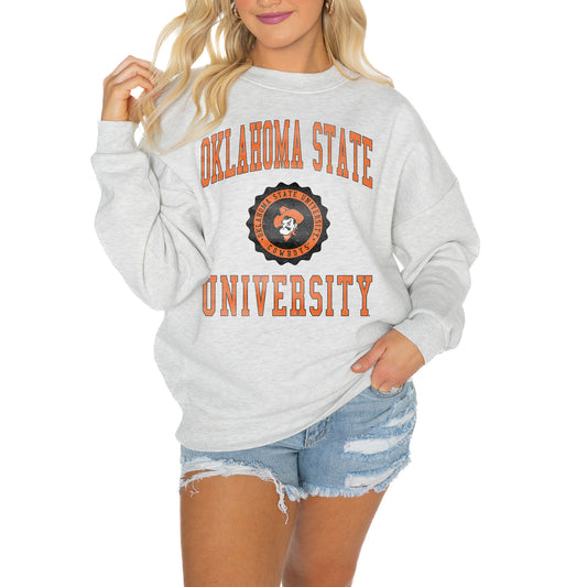 Women's Gameday Couture Steel Oklahoma State Cowboys Good Vibes Premium Fleece Drop Shoulder Pullover Sweatshirt